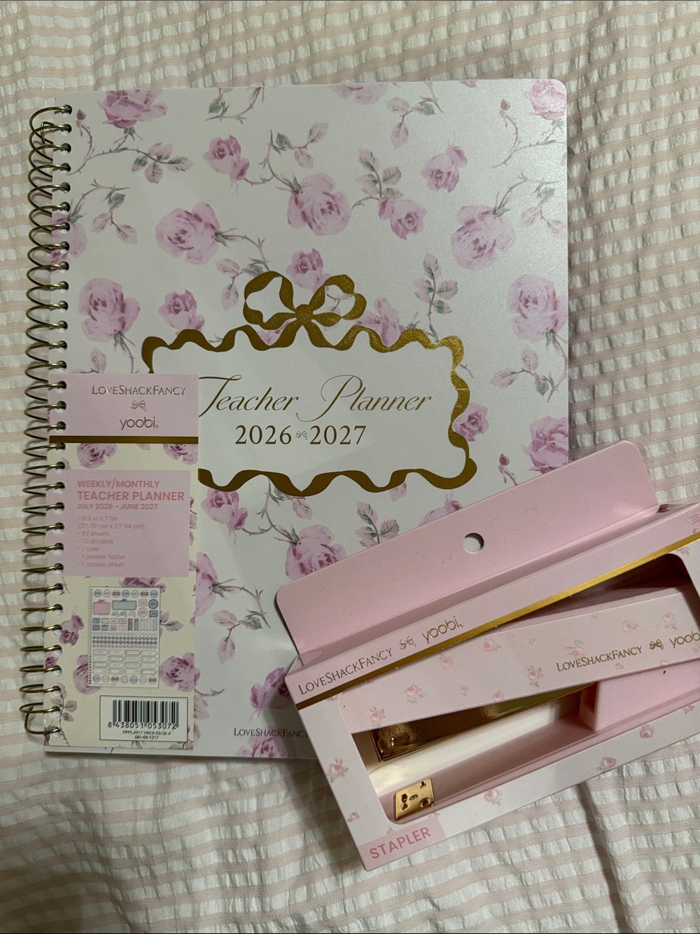 LoveShackFancy Pink & Gold Floral Teacher Planner 8.5x11” & pink floral stapler